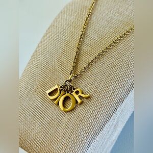 Christian Dior Logo Letter Drop Necklace Gold Toned Authentic